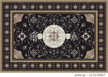 Vintage Arabic pattern.Persian colored carpet.Ikat ethnic style moroccan rug and carpet.Rich ornament for fabric design,handmade,interior decoration,rug,tapis,yoga mat,textiles.Multicolored background 121238987
