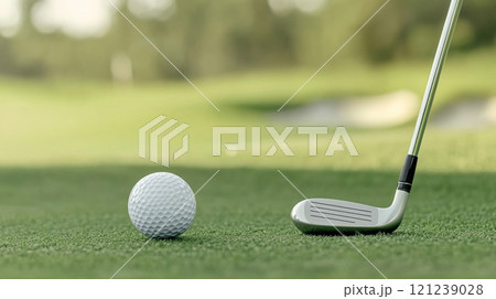 Golf ball on lush green grass, copy space for sports backgrounds 121239028