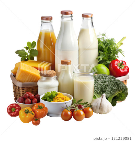 A wide variety of fresh fruits and vegetables, as well as milk and cheese. Transparent background 121239081