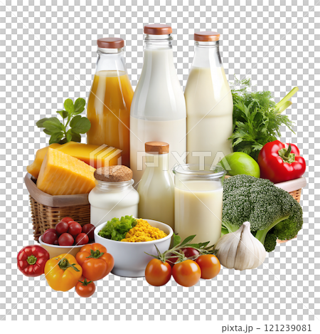 A wide variety of fresh fruits and vegetables, as well as milk and cheese. Transparent background 121239081