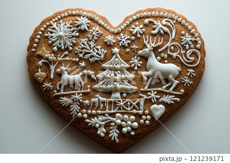 This is a heartshaped gingerbread cookie decorated with truly delightful festive touches 121239171