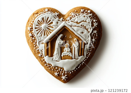 HeartShaped Gingerbread Cookie Delightfully Decorated with a Beautiful Nativity Scene Design HeartShaped Gingerbread Cookie Delightfully Decorated with a Beautiful Nativity Scene Design 121239172