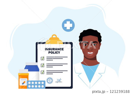 Health insurance concept. Insurance policy on clipboard, medical drugs, pills, black man doctor in medical robe. Check list with signature on board. Vector illustration. 121239188