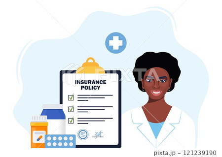 Health insurance concept. Insurance policy on clipboard, medical drugs, pills, black woman doctor in medical robe. Check list with signature on board. Vector illustration. Health insurance concept. Insurance policy on clipboard, medical drugs, pills, black woman doctor in medical robe. Check list with signature on board. Vector illustration. 121239190