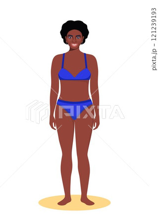 Black woman dressed in swimsuit standing on the beach. Summer vacations. Beautiful sexy girl in bikini. Vector illustration. 121239193