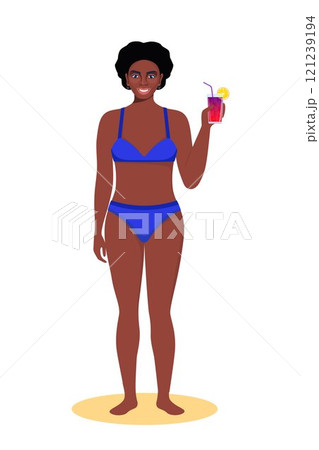 Black woman dressed in swimsuit standing on the beach with cocktail in her hand and smiling. Summer vacations. Beautiful sexy girl in bikini. Vector illustration. Black woman dressed in swimsuit standing on the beach with cocktail in her hand and smiling. Summer vacations. Beautiful sexy girl in bikini. Vector illustration. 121239194