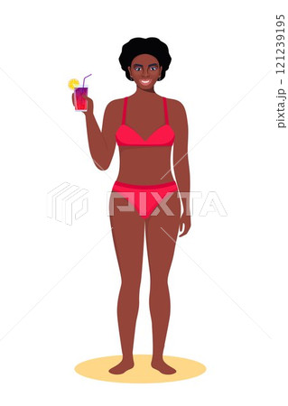 Black woman dressed in swimsuit standing on the beach with cocktail in her hand and smiling. Summer vacations. Beautiful sexy girl in bikini. Vector illustration. Black woman dressed in swimsuit standing on the beach with cocktail in her hand and smiling. Summer vacations. Beautiful sexy girl in bikini. Vector illustration. 121239195
