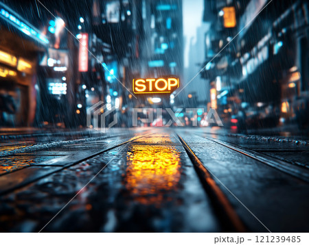 Illuminated neon sign on a wet urban street during heavy rain Illuminated neon sign on a wet urban street during heavy rain 121239485