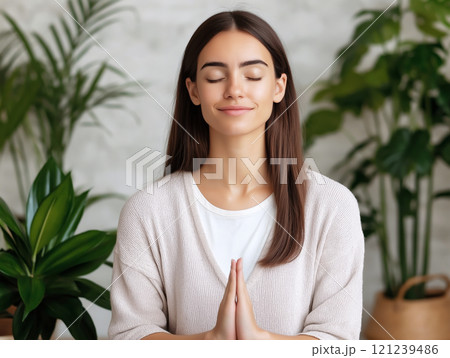 Young woman meditating indoors with closed eyes, hands in a prayer position Young woman meditating indoors with closed eyes, hands in a prayer position 121239486