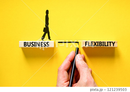 Business flexibility symbol. Concept words Business flexibility on beautiful wooden block. Businesswoman icon. Businessman hand. Beautiful yellow background. Business flexibility concept. Copy space. Business flexibility symbol. Concept words Business flexibility on beautiful wooden block. Businesswoman icon. Businessman hand. Beautiful yellow background. Business flexibility concept. Copy space. 121239503