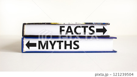 Facts or myths symbol. Concept word Myths and Facts on beautiful books. Beautiful white table white background. Business and facts or myths fact myth concept. Copy space. Facts or myths symbol. Concept word Myths and Facts on beautiful books. Beautiful white table white background. Business and facts or myths fact myth concept. Copy space. 121239504