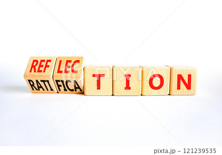 Ratification or reflection symbol. Concept words Ratification Reflection on wooden cubes. Beautiful white table white background. Business and ratification or reflection concept. Copy space. Ratification or reflection symbol. Concept words Ratification Reflection on wooden cubes. Beautiful white table white background. Business and ratification or reflection concept. Copy space. 121239535