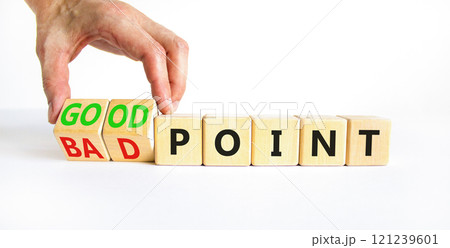Good or bad point symbol. Concept words Good point Bad point on beautiful wooden blocks. Beautiful white table white background. Businessman hand. Business good bad point concept. Copy space Good or bad point symbol. Concept words Good point Bad point on beautiful wooden blocks. Beautiful white table white background. Businessman hand. Business good bad point concept. Copy space 121239601