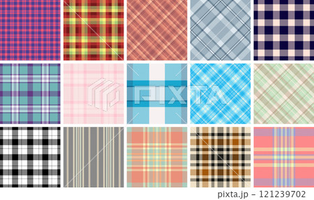 A plaid textile set with striped and check patterns, perfect for rustic shirts, trendy fabric prints, or classic wallpaper. A plaid textile set with striped and check patterns, perfect for rustic shirts, trendy fabric prints, or classic wallpaper. 121239702