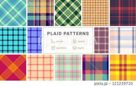Classic plaid patterns in a colorful collection for shirts, textiles, and rustic backgrounds. Perfect for fabric and wallpaper designs. 121239710