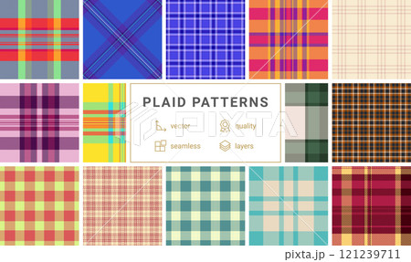 Plaid fabric designs featuring colorful checks and stripes, ideal for textile, wallpaper, or trendy fashion prints. 121239711