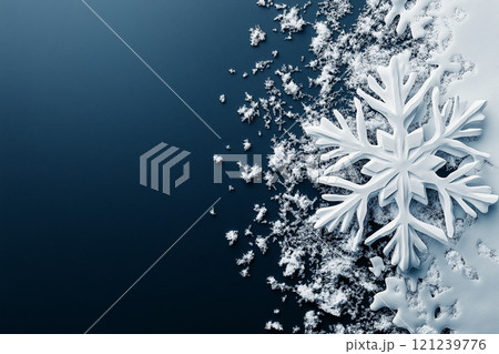 Intricate white snowflake resting on a frosted dark surface with scattered ice crystals Intricate white snowflake resting on a frosted dark surface with scattered ice crystals 121239776