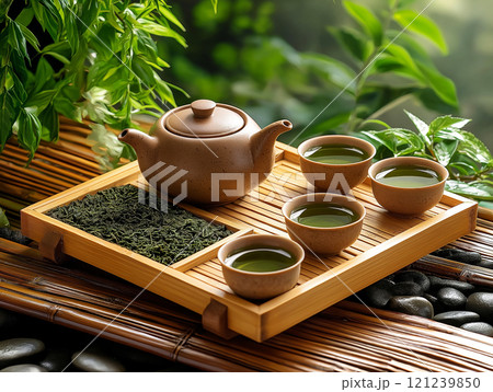 Traditional tea set with teapot and cups of green tea Traditional tea set with teapot and cups of green tea 121239850