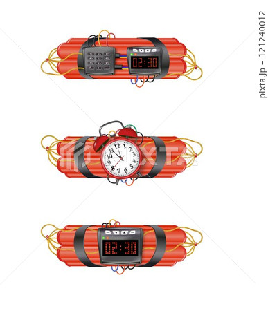 Realistic 3d bomb dynamite sticks with burning fuse. Vector 121240012