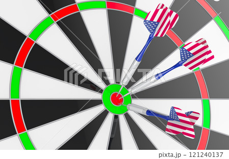 Dartboard with darts painted with American flag in bullseye, 3D rendering 121240137