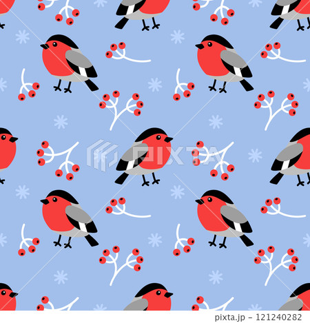 Seamless pattern with cartoon bullfinch, branches with red berries and snowflakes on blue background. Winter pattern for print, fabric, wrapping paper. Vector illustration 121240282
