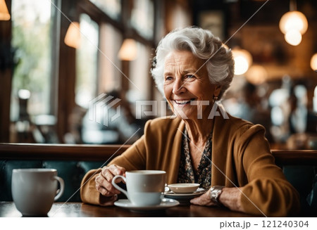 Portrait Senior white haired woman sitting at cafe table holding a coffee and milk glass, elderly lady in casual dress smiling positive. Elderly good looking woman drinking coffee. AI 121240304