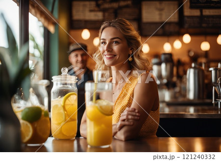 Beautiful natural juice lemonade saleswoman behind the counter in a beach cafe. Cocktail alcohol drink with orange juice, slices and ice. Refreshing iced lemonade beverage in glass. Sun glares. AI 121240332