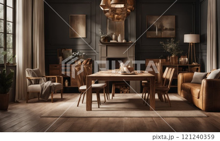 Cozy home kitchen or livingroom interior with natural wooden ceiling and furniture. Stylish and beige interior of dining room with design wooden table and chairs, elegant and rattan accessories. AI 121240359