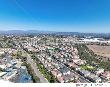 Aerial view of middle class community identical condominium, Oceanside, South California 121240400