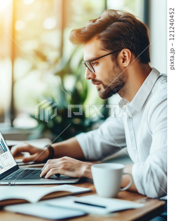 Focused man in glasses working on a laptop in a bright, modern workspace with natural lighting 121240452