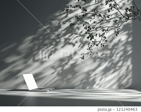 A laptop on a desk with tree shadows creating intricate patterns on the wall 121240463