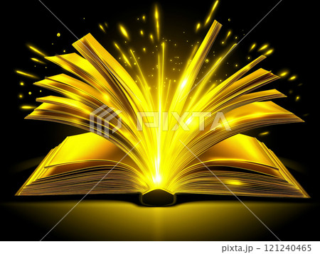 Glowing golden book emitting magical light and sparks, symbolizing knowledge, imagination, and the power 121240465