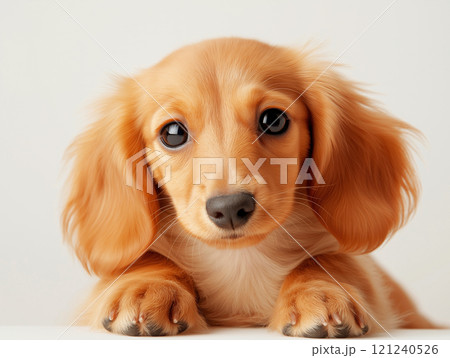 A close-up of an adorable dachshund puppy with soft fur and big expressive eyes 121240526