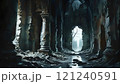 Mysterious dark cave with columns and light at the end. AI generated. 121240591