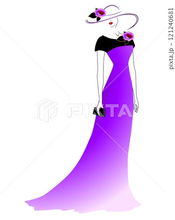 A girl in a long dress and a hat with a rose. 121240681
