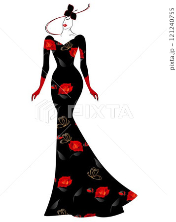 A woman in a hat and a long black dress with red roses. 121240755