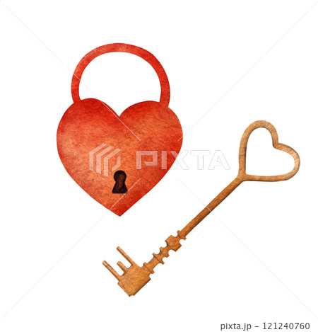 Watercolor illustration of a red heart shaped padlock with a keyhole and a golden key. The art hand painted textures and warm tones, ideal for Valentines Day cards, romantic gifts, decorative projects 121240760