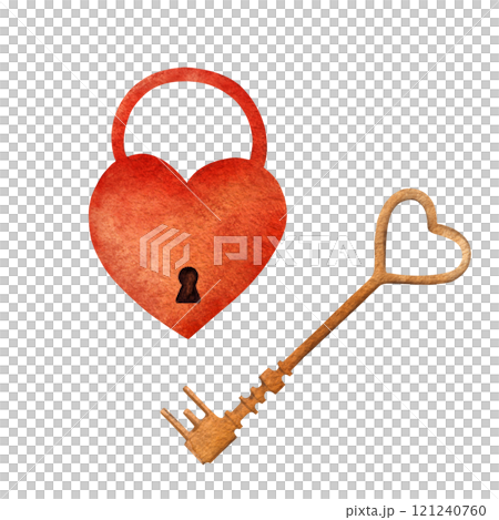 Watercolor illustration of a red heart shaped padlock with a keyhole and a golden key. The art hand painted textures and warm tones, ideal for Valentines Day cards, romantic gifts, decorative projects 121240760