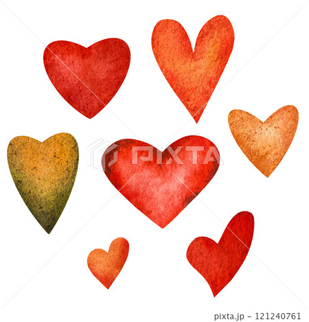 Watercolor illustration of colorful hearts in red, orange, yellow tones. The artistic style includes soft gradients and natural texture, perfect for Valentines Day designs, cards, and romantic decor 121240761