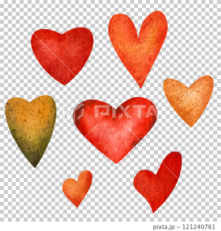 Watercolor illustration of colorful hearts in red, orange, yellow tones. The artistic style includes soft gradients and natural texture, perfect for Valentines Day designs, cards, and romantic decor 121240761