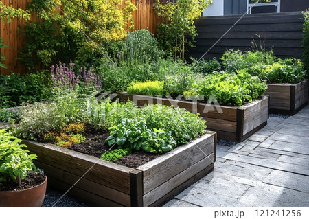 Raised garden beds growing herbs, vegetables and flowers in a modern backyard Raised garden beds growing herbs, vegetables and flowers in a modern backyard 121241256