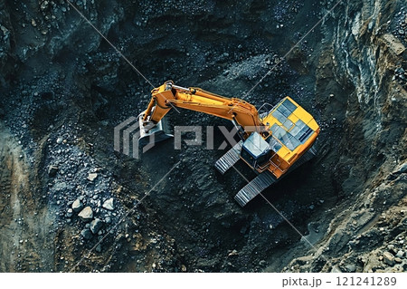Yellow excavator digging in a quarry from above Yellow excavator digging in a quarry from above 121241289