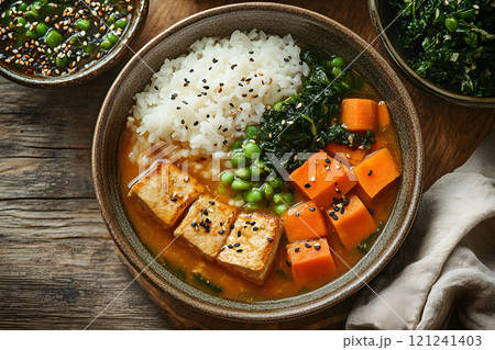Delicious bowl of tofu curry with fragrant rice and fresh vegetables served on a rustic wooden table 121241403