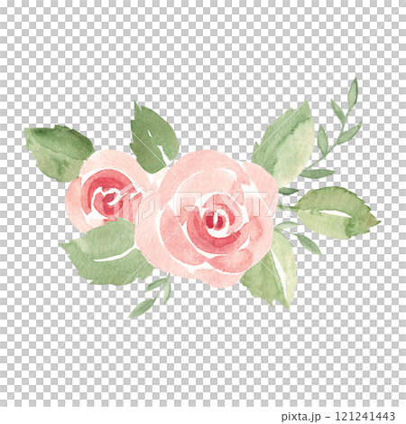 Pink Roses composition. Ala Prima Simple painting. Watercolor abstract Hand drawn Bouquet isolated on a white background. Floral design element for Birthday, Valentine cards or wedding invitations. 121241443