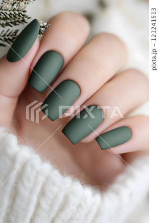 Elegant matte green nails showcase a trendy winter style with cozy sweater details 121241513
