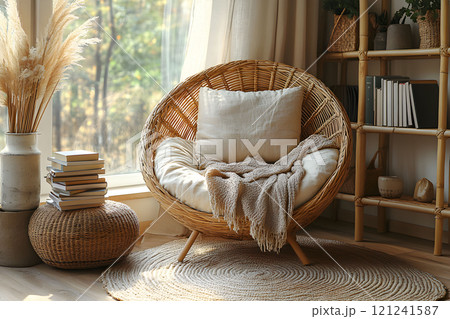 Comfortable and cozy reading nook in a modern boho living room with rattan chair filled with natural light. Comfortable and cozy reading nook in a modern boho living room with rattan chair filled with natural light. 121241587