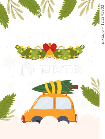 Poster Template Frame of a car carrying a Christmas tree, a garland with lights and bells, and greenery accents on a snowy background with blank space. 121241802