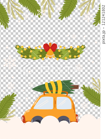 Poster Template Frame of a car carrying a Christmas tree, a garland with lights and bells, and greenery accents on a snowy background with blank space. 121241802