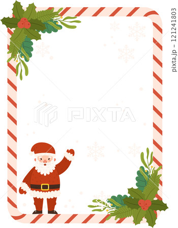 Festive Poster template featuring Santa Claus waving inside a candy cane striped frame adorned with holly, greenery, and snowflakes on a light background. Festive Poster template featuring Santa Claus waving inside a candy cane striped frame adorned with holly, greenery, and snowflakes on a light background. 121241803