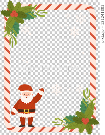 Festive Poster template featuring Santa Claus waving inside a candy cane striped frame adorned with holly, greenery, and snowflakes on a light background. Festive Poster template featuring Santa Claus waving inside a candy cane striped frame adorned with holly, greenery, and snowflakes on a light background. 121241803
